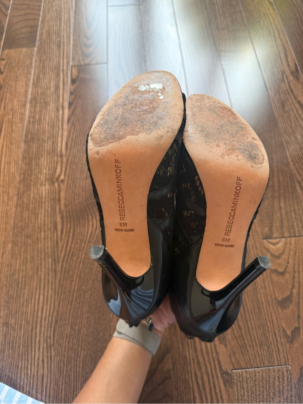 REBECCA MINKOFF LEATHER AND LACE OPEN TOE HEELS - Picture 5 of 9